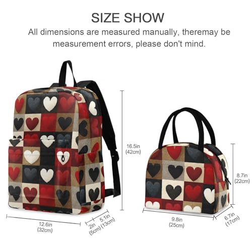 Plaid Heart Print Backpack Set with Lunch Bag, Large Capacity Travel Backpacks and Lunch Box Insulated for Commute Hiking Picnic2