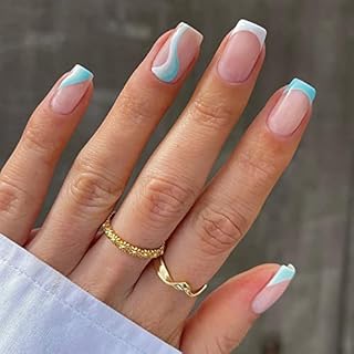 JUSTOTRY 24 Pcs Square False Nails Short, Klein Blue French Press on Nails Patterns, Trendy Fake Nails Short with Nail Glue, Nude Stick on Nails for Women, Nails Fake Nail for Nails Art