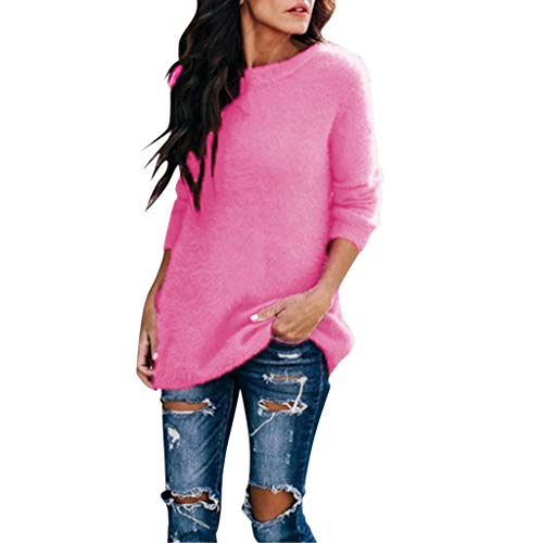 SHOBDW Mujer Suéter para Mujer Cuello Redondo Cárdigan Ocasional Sólido Suelto Otoño Invierno Tops de Manga Larga Cálido Prendas de Punto Jersey Jerséis Blusa Abrigo Vestido (M, Y-Rosa)