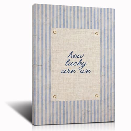 Vintage How Lucky Are We Print,Trendy Aesthetic Home Decor,Navy Blue Typography Poster Positive Wall Prints,Vintage Aesthetic Dorm Decor,Navy Wall Art Quote 24L''X36W''inch Framed