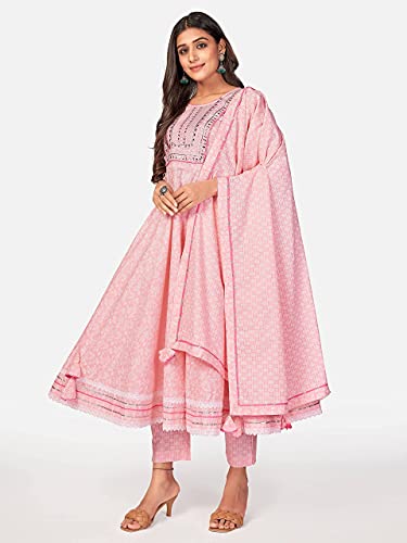 Image of Vbuyz Women's Printed & Handwork Anarkali Cotton Kurta with Pant & Dupatta | Kurta Set For Women | Suit Set For Women | Kurti Dress Set | Cotton Fabric Set