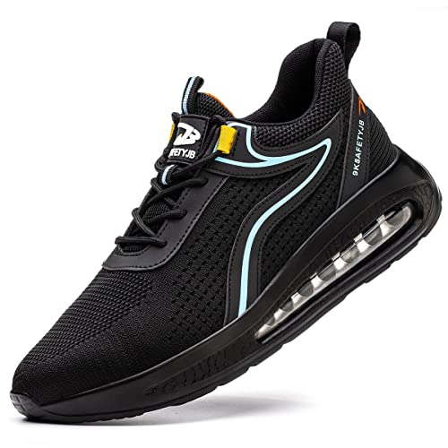 UnPtios Safety Shoes Mens Lightweight Safety Trainers Wide Fit Non Slip Steel Toe Cap Work Boots Womens Anti-Puncture Breathable Air Cushion Industrial Black 8.5 UK