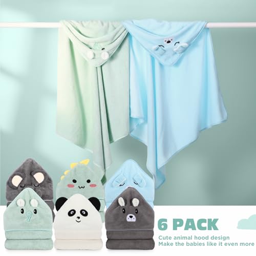 Image of SmoothNovelty 6 Pack Baby Hooded Towels Infants and Toddlers Coral Fleece Baby Bath Towels 31.5 x 31.5 Inch Absorbent Cute Soft Newborn Bath Essentials Gifts for Boys & Girls(Multicolor,Cute)