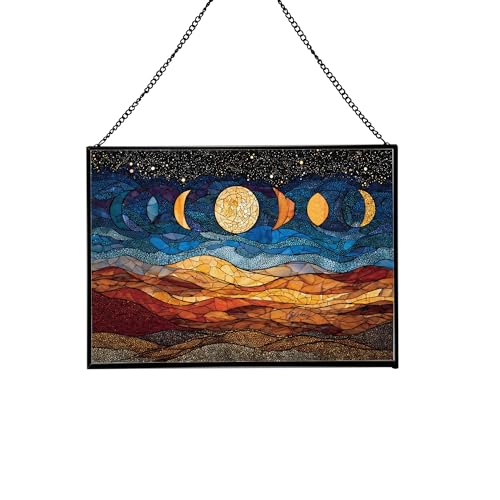 Moon Phases Over Desert Dunes Rectangular Stained Glass Suncatcher – Hanging Window Panel with Animal & Nature Scene – Vibrant Glass Art Gift for Wildlife, Fantasy, Nature Lovers UR4lnS