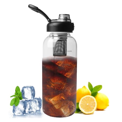 WIYETY Botella transparente de 1,5 l: botella de agua con marca, a prueba de fugas, tapa de cierre única, botella grande de vidrio para fitness, hogar, oficina, amantes del té