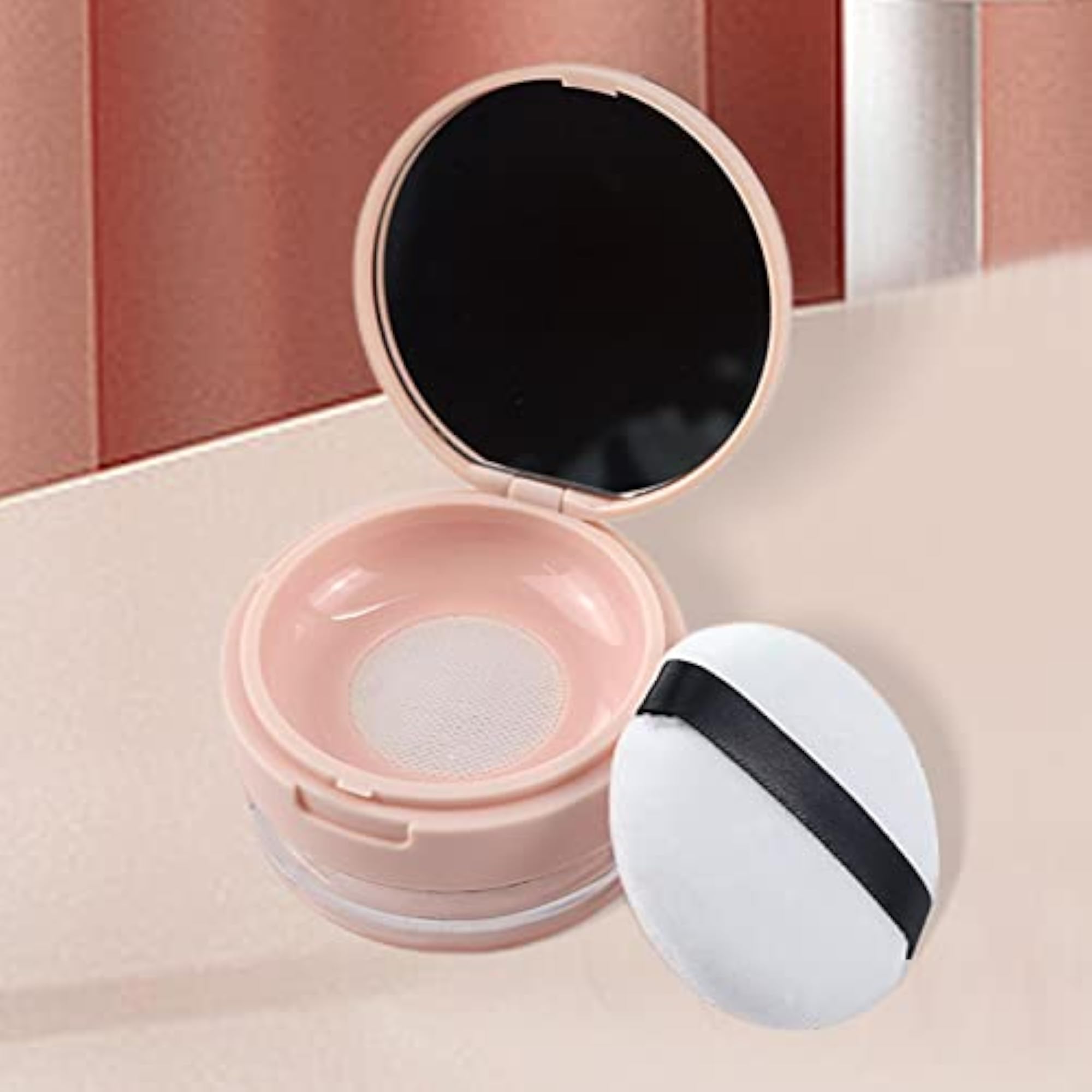 Travel Reusable Loose Powder Container with Puff, Pink