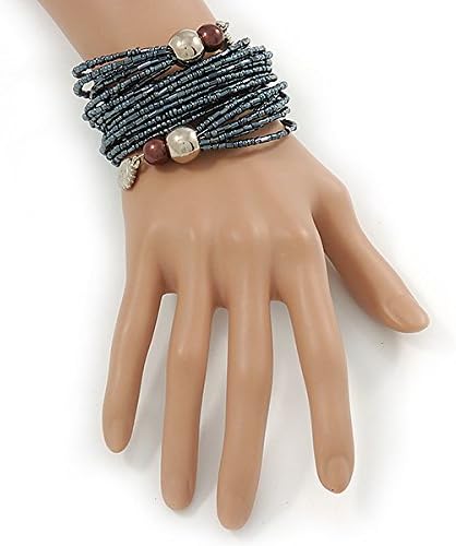 Avalaya Multistrand Hematite Glass Bead Wrap Flex Bracelet - 19cm L, dark grey - Image 3