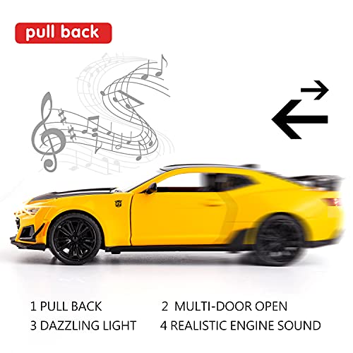 Image of BDTCTK 1 /24 Bumblebee Car Model Toy Zinc Alloy Casting Pull Back Car Sound and Light Toys for Kids Boy Girl Gift (Yellow)