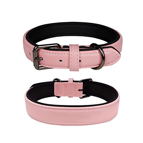 OFHome Pink Leather Dog Collar Soft Padded Comfortable Adjustable Wider and Thicker Pet Collars Best for Small Medium Large Dogs with Heavy Duty Buckle