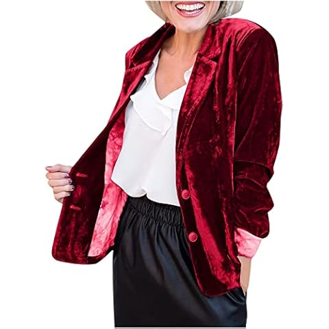 Womens Velvet Blazers Jackets Long Sleeve Cardigans Notch Lapel Trench Coats Vintage Casual Button Down Shirt Jacket Wine Cover