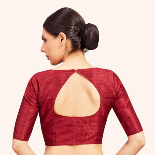 Image of Studio Shringaar Women Readymade Raw Silk V Neck Saree Half Sleeve Blouse