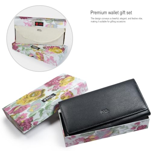 Image of Women's Top Grain Leather Wallet, RFID Blocking Bifold clutch, 17 Card Slots, Zip Pocket Organizer, Elegant Gift for Women - Birthday, Valentine, Anniversary - BLACK