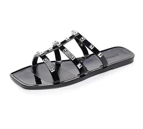 Image of Women Flats Sandals, Studded Jelly Shoes Size 9 Red Dressy Summer Beach Rivets Strappy Jellies Slide Slip On Open Toes