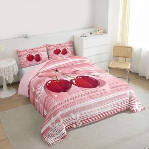 Image of Erosebridal Cherry Bow King Comforter Set Pink Valentine Bedding Set for Kids Teens Romantic Bowknot Bowtie Quilt Geometric Stripes Cottagecore Bedroom Decor 3 Pcs
