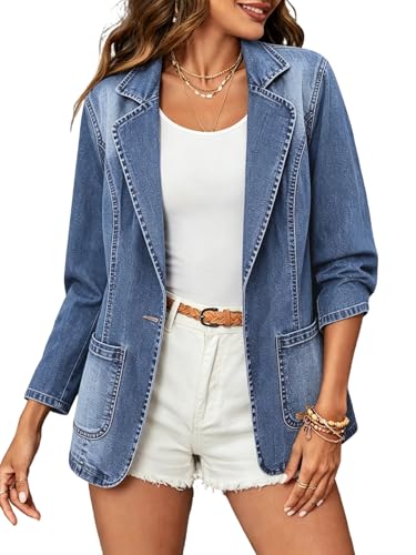 ebossy Womens Classic Notch Lapel Denim Blazer One Button Long Sleeve Slim Office Jean Jacket (M Light Blue)