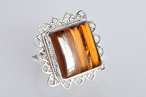 Bague œil de tigre argent 925 cabochon marron 17x15mm fait main pour femme - 3