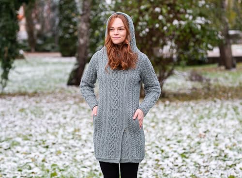 Image of SAOL Ladies Irish Aran Zip Cardigan - 100% Merino Wool Coat with Pockets and Hood, Made in Ireland