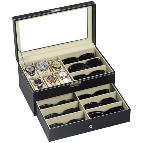 AUTOARK Leather 6 Watch Box Jewelry Case and 9 Piece Eyeglasses Storage and Sunglass Glasses Display Drawer Lockable Case Organizer,Black,AW-048 Cover