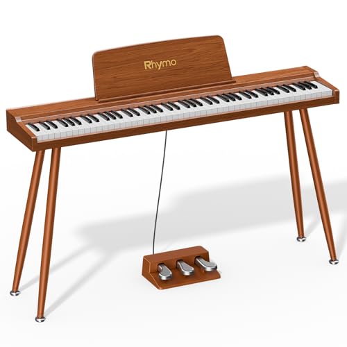 Rhymo Digital Piano 88 Semi-Weighted Keys with Stand, Touch-Sensitive Keyboard, Sustain Pedal, Portable Case, Deep Brown