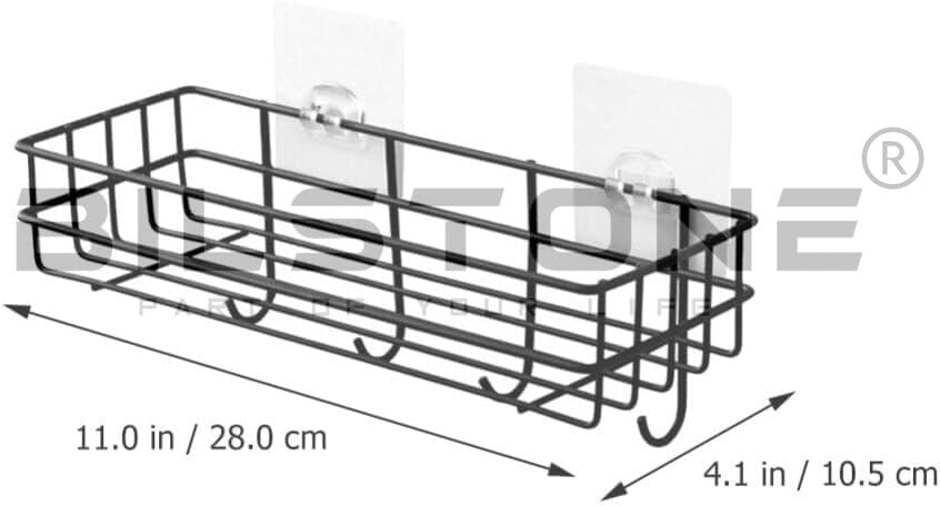 Image of GI Steel Self-Adhesive Multipurpose Bathroom Shelf with Hooks /Towel Holder /Rack /Bathroom Accessories-Wall Mount (Black) (Pack of 2)