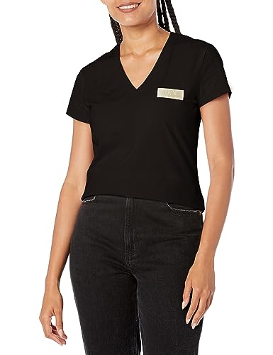 A | X ARMANI EXCHANGE Women's Slim Fit Stretch Cotton Metallic Logo Patch V Neck Tee, Black