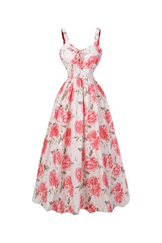 AstralElegance MOD French Romantic Floral Print Women's Spaghetti Strap Mid-Calf Dress,Valentine Day Dress (US, Alpha, X-Large, Regular, Regular, Pink)