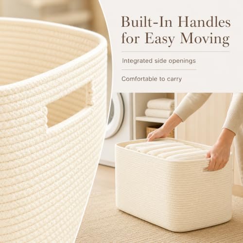Image of 12.8GAL Small Cute laundry basket for nursery, Boho Square storage basket for Living Room Decor, Kids Girls Boys Toys Stuffed Animal Decorative Short Hamper for Dirty Clothes, Bath Towel, Books Beige