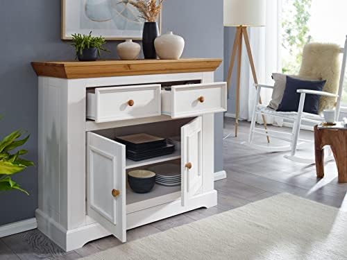Woodroom Sideboard Chest of Drawers, Wood Pine, White, breit