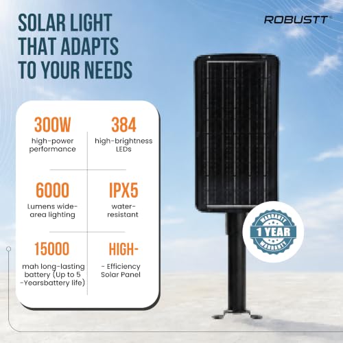 Image of Robustt Solar Light Outdoor for Home, Garden | 300W Wireless LED Street Night Lamp for Wall, pathway and Road with Pole | Solar + USB Type-C Charging | IPX5-Water Resistant |Cool White | 1 Yr Warranty