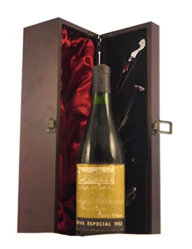 Vina Pomal Rioja Reserva Especial 1953 Bodegas Bilbainas in einer mit Seide ausgestatetten Geschenkbox, da zu 4 Weinaccessoires, 1 x 750ml Cover
