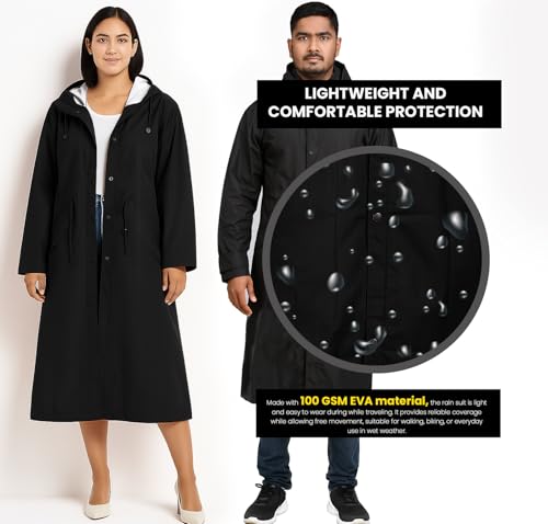 Image of Allextreme Unisex Raincoat with Adjustable Hood Full Sleeves Long Length Lightweight Waterproof Outdoor Rainwear for Women and Men (2XL, Black)