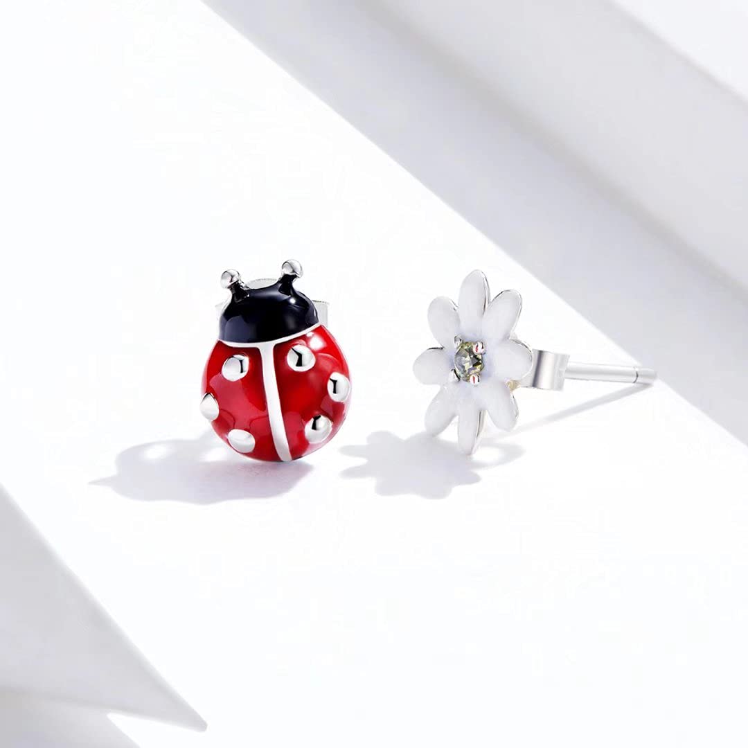 Qings Orecchino Fiore Coccinella Donna in Argento Sterling 925 Orecchino Animale Fiore Margherita Orecchini Asimmetrici Cartilagine Carino Mini per Donne Ragazze Adolescenti