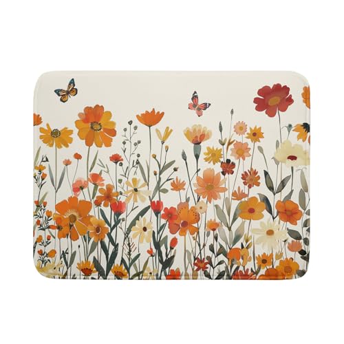 Fall Orange Wildflower Dish Drying Mat for Kitchen Counter,Autumn Floral Butterflies Drying Mat 18 x 24 Inch with Absorbent Reversible Microfiber Dish Drying Pad Dish Pad for Coffee Bar