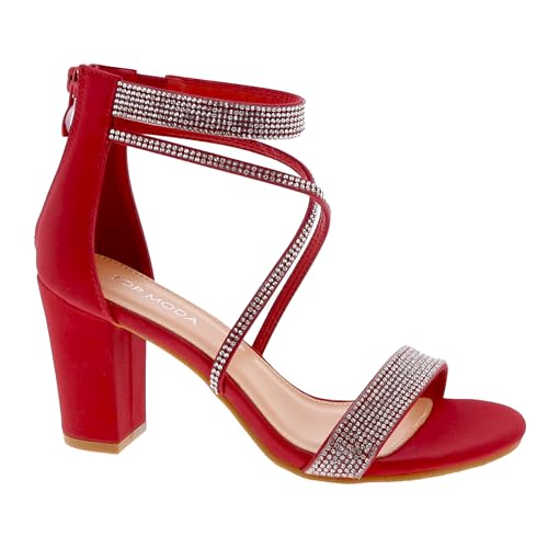 TOP Moda Rosa-66 Ankle Strap Dressy High Heel Sandal, Non-slip Sole, For Wedding, Party, Prom, Evening Wear, or Any Occasion, Sleek Style Block Heel Sandals, Red Nubuck, 8