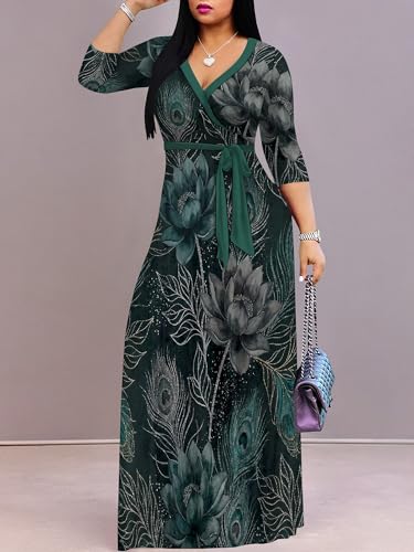 Image of PinkPatty Plus Size Maxi Dresses for Women Casual Flowy Long Dress 3 /4 Sleeve V Neck Wrap Dress with Belt