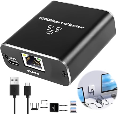 Ethernet Splitter 1 to 2 1000Mbps Ethernet Switch 2 Port Gigabit Network Switch Splitter with Type-C Power Cable for Computer Hub Switch Router ADSL Set-Top Box Digital TV, Support 2 Devices Working