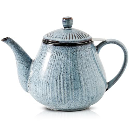 Image of HVH 40 oz Porcelain Teapot with Stainless Steel Infuser, Ceramic Tea pot with Infuser for Loose Tea, Enough For 6 Cups, Striped Series (Wabi sabi)