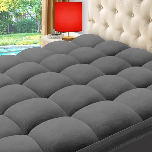 ELEMUSE Twin Grey Cooling Bamboo Viscose Mattress Topper for Back Pain, Extra Thick Mattress Pad Cover, Plush Soft Pillowtop with Elastic Deep Pocket, Overfilled Down Alternative Filling