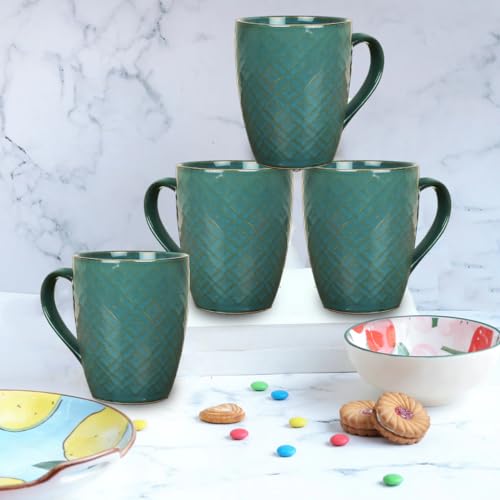 Image of SB Blue Textured Ceramic Coffee Mugs | Milk Mug | Coffee Cups 320ml | Microwave & Dishwasher Safe - Set of 4