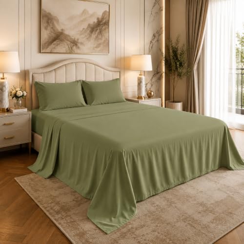 Image of LINENWALAS 100% Cotton Bedsheet with Pillow Cover for Single Size Bed, Natural Soft 400tc Long Staple Imported Egyptian Cotton Premium Oeko-Tex Certified Bed Sheet (60 inch x 90 inch, Moss Green)