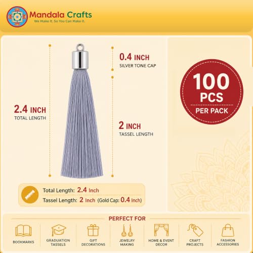 Image of Mandala Crafts Silver Tone Cap Gray Silky Bookmark Tassels with Loops