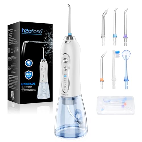 H2ofloss Water Dental Flosser Portable Dental Oral Irrigator with 5 Modes, 6 Replaceable Jet Tips, Rechargeable IPX7 Waterproof Teeth Cleaner for Home and Travel -300ml Detachable Reservoir (HF-6)
