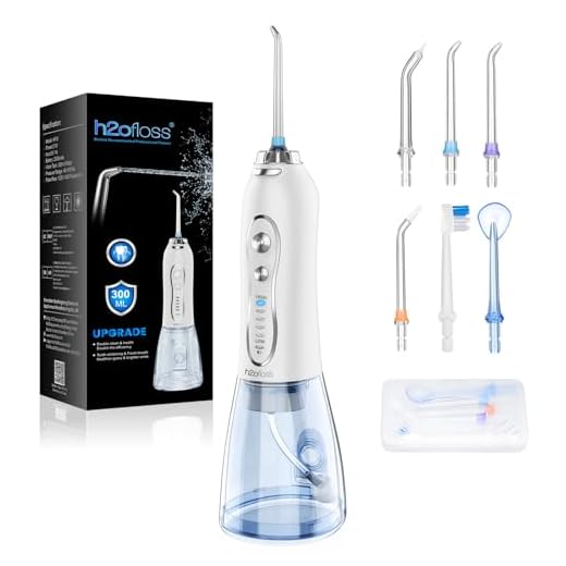 H2ofloss Water Flosser Portable Dental Oral Irrigator with 5 Modes, 6 Replaceable Jet Tips, Rechargeable Waterproof Teeth Cleaner for Home and Travel -300ml Detachable Reservoir (HF-6)