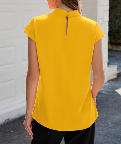 Image of Funlingo Womens Summer Tops Mock Neck Short Cap Sleeve Blouses Business Casual Work Chiffon Shirts Front Pleated Tunic Top