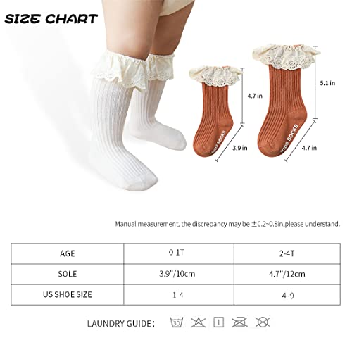 HOUSEYUAN Infant Frilly Baby Girls Knee High Socks 0-3 Months White Newborn Thigh Lace Ruffle Long Socks Toddler Tights Stockings 4 Pairs 6-12 Months