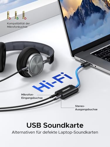 UGREEN Externe USB Soundkarte Klinke Adapter für Computer, PS5, PS4, USB Audio Stereo Adapter External Sound Card (Schwarz)