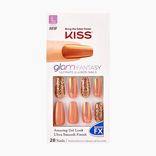 Kiss (1) Box Glam Fantasy Special FX Amazing Gel Look - 28pc Long Length Coffin Shape Nails with Glue & Adhesive Tabs - Copper Color Glitter, Iridescent, & Tan #79599