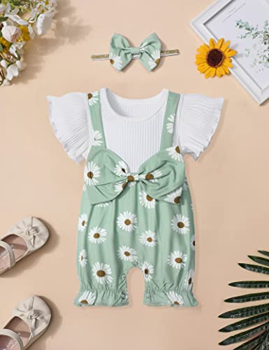 Crisone Baby Girl Clothes 0-3 Months Baby Onesie Short Sleeve Green Daisy One Piece Jumpsuit Outfit Cute Baby Clothes For Girls #TOP4