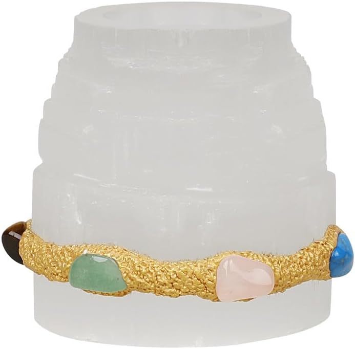 Handcrafted White Selenite Mountain Tealight Candle Holder with Colorful Stone Accents – Natural Stone Cylinder Decor, Unique Handmade Candle Stand