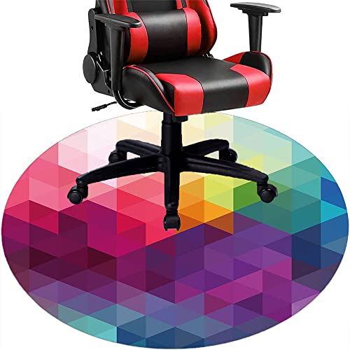 Rainbow Office Chair Mat, Colorful Abstract Geometric Pattern With Triangles Polygon, Desk Chair Mat For Home Office Hardwood Floor, Multi-Purpose Low-Pile Floor Protector, Round 36" Pink Magenta #TOP26